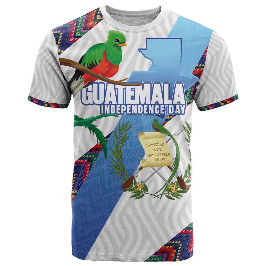 Guatemala Independence Day T-Shirt Resplendent Quetzal with Coat of Arms and Maya Textiles Graphic Tee