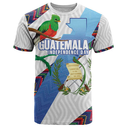 Guatemala Independence Day T-Shirt Resplendent Quetzal with Coat of Arms and Maya Textiles Graphic Tee