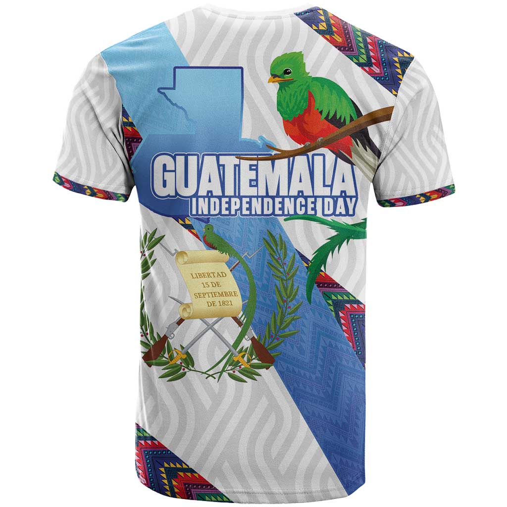 Guatemala Independence Day T-Shirt Resplendent Quetzal with Coat of Arms and Maya Textiles Graphic Tee