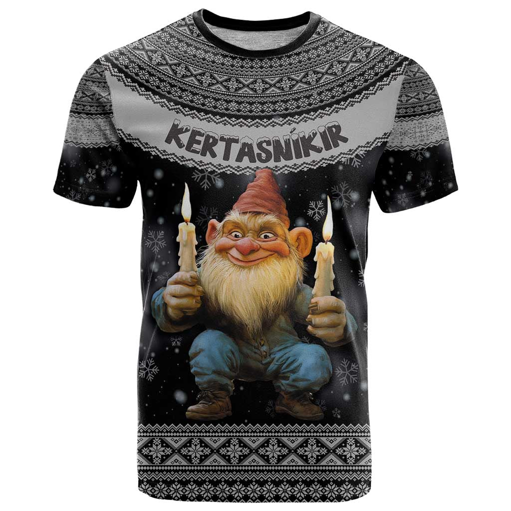 Iceland Kertasnikir Christmas T-Shirt Candle Beggar and Nordic Traditional Pattern Graphic Tee