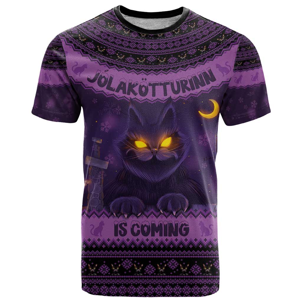 Iceland Jolakotturinn Christmas T-Shirt Yule Cat and Nordic Traditional Pattern Graphic Tee