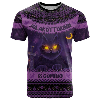 Iceland Jolakotturinn Christmas T-Shirt Yule Cat and Nordic Traditional Pattern Graphic Tee