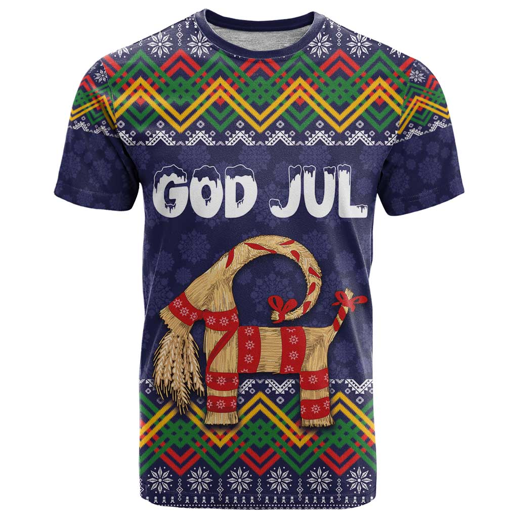 Scandinavian Yule Goat Christmas T-Shirt with Scandinavian Folk Pattern Style Graphic Tee