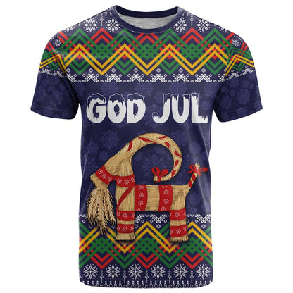Scandinavian Yule Goat Christmas T-Shirt with Scandinavian Folk Pattern Style Graphic Tee