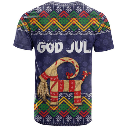 Scandinavian Yule Goat Christmas T-Shirt with Scandinavian Folk Pattern Style Graphic Tee