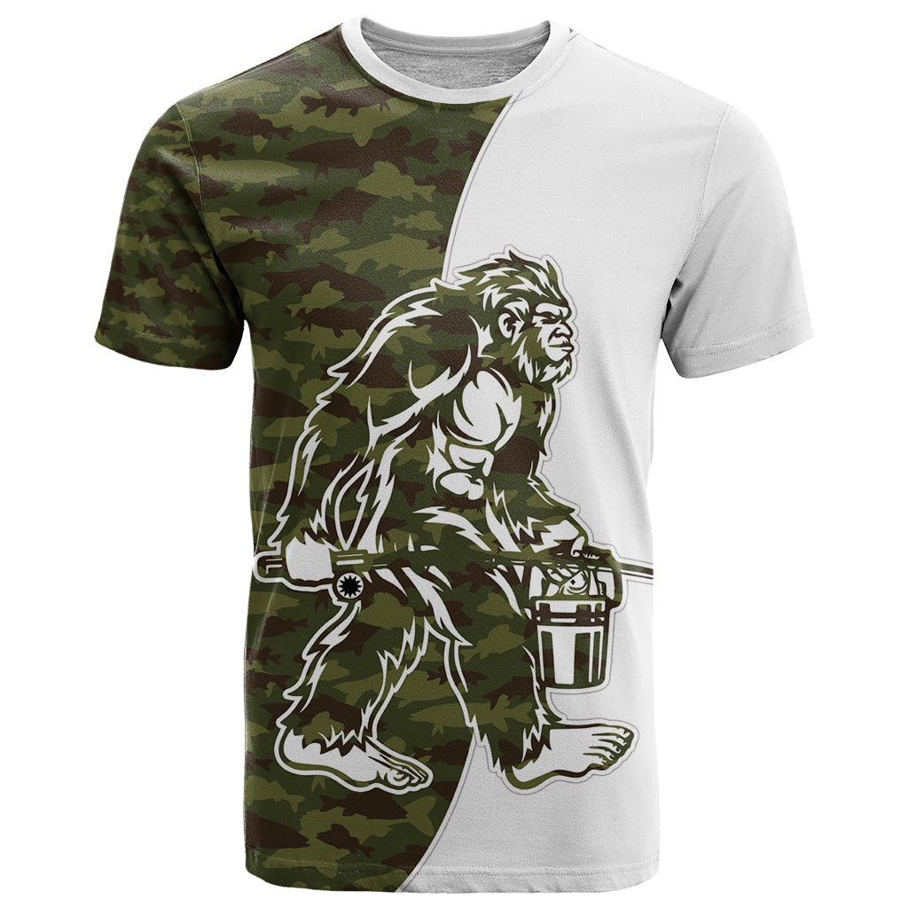Funny Bigfoot Green Military Texture Fish T-Shirt Graphic Tee