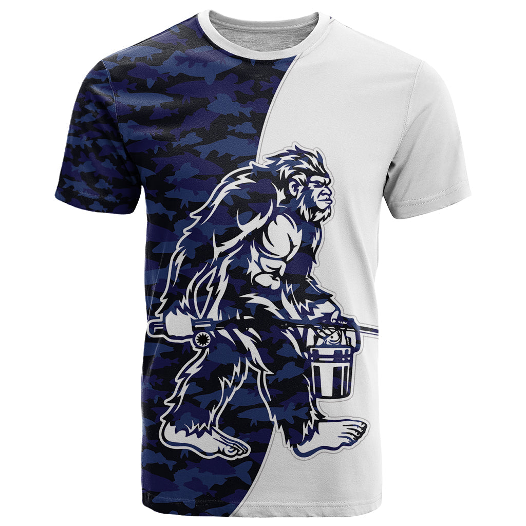 Funny Bigfoot Blue Military Texture Fish T-Shirt Graphic Tee