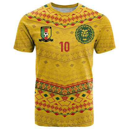 Custom Cameroon Football T-Shirt Tribal Motifs Yellow Color Graphic Tee