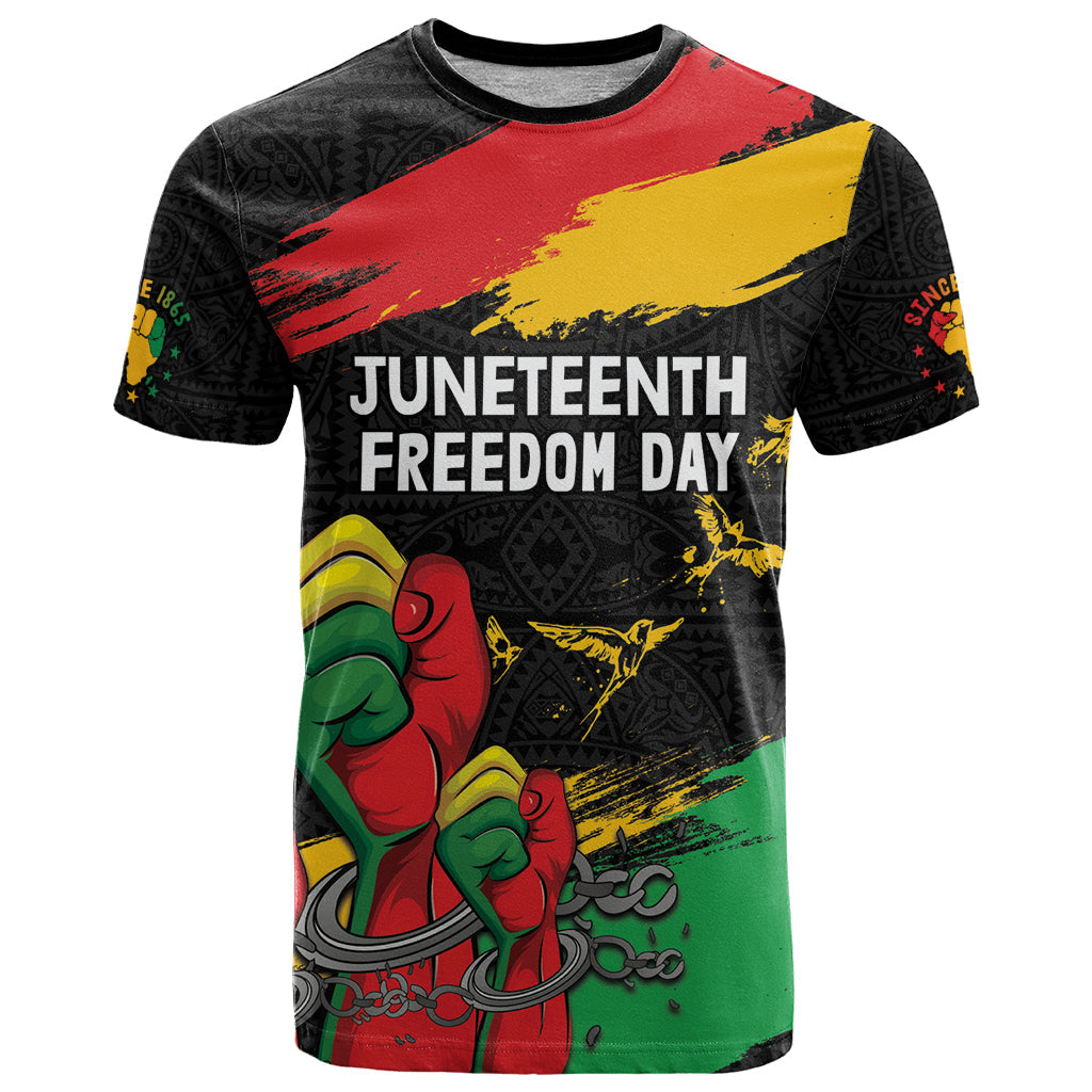 Personalized Juneteenth Freedom Day T-Shirt Raised Fist Black Power and Africa Pattern Graphic Tee