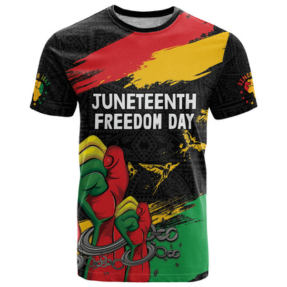 Personalized Juneteenth Freedom Day T-Shirt Raised Fist Black Power and Africa Pattern Graphic Tee