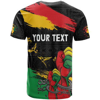 Personalized Juneteenth Freedom Day T-Shirt Raised Fist Black Power and Africa Pattern Graphic Tee
