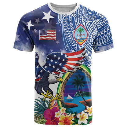 Guam and United States Together T-Shirt Bald Eagle and Guam Seal with Flower and Tribal Tattoos Graphic Tee
