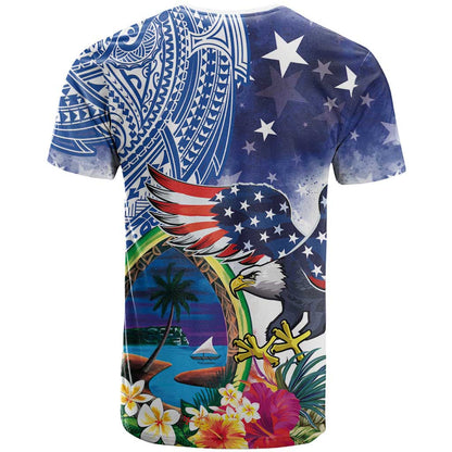 Guam and United States Together T-Shirt Bald Eagle and Guam Seal with Flower and Tribal Tattoos Graphic Tee