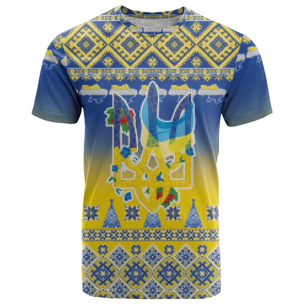 Ukraine Merry Christmas T-Shirt Ukraine Emblem and Vyshyvanka Knitted Effect Graphic Tee