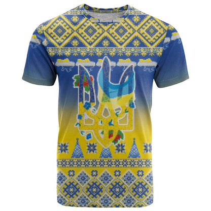 Ukraine Merry Christmas T-Shirt Ukraine Emblem and Vyshyvanka Knitted Effect Graphic Tee