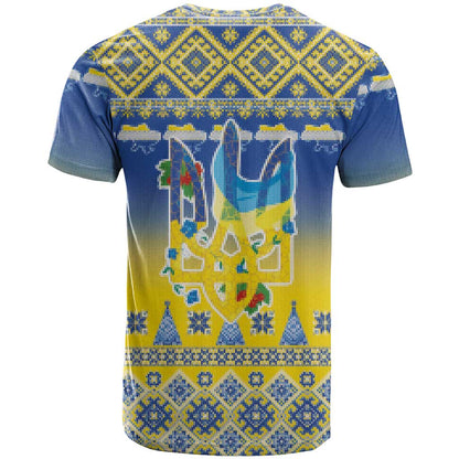 Ukraine Merry Christmas T-Shirt Ukraine Emblem and Vyshyvanka Knitted Effect Graphic Tee