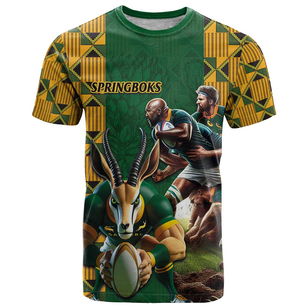 South Africa Rugby T-Shirt The Springbok Mascot and Rugby Players Fight for Victory Graphic Tee