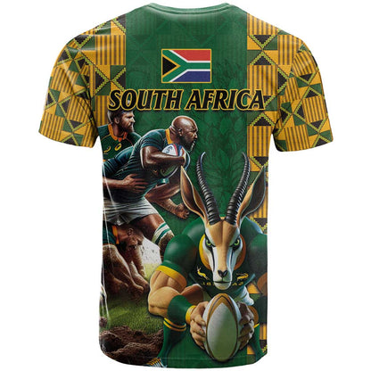 South Africa Rugby T-Shirt The Springbok Mascot and Rugby Players Fight for Victory Graphic Tee