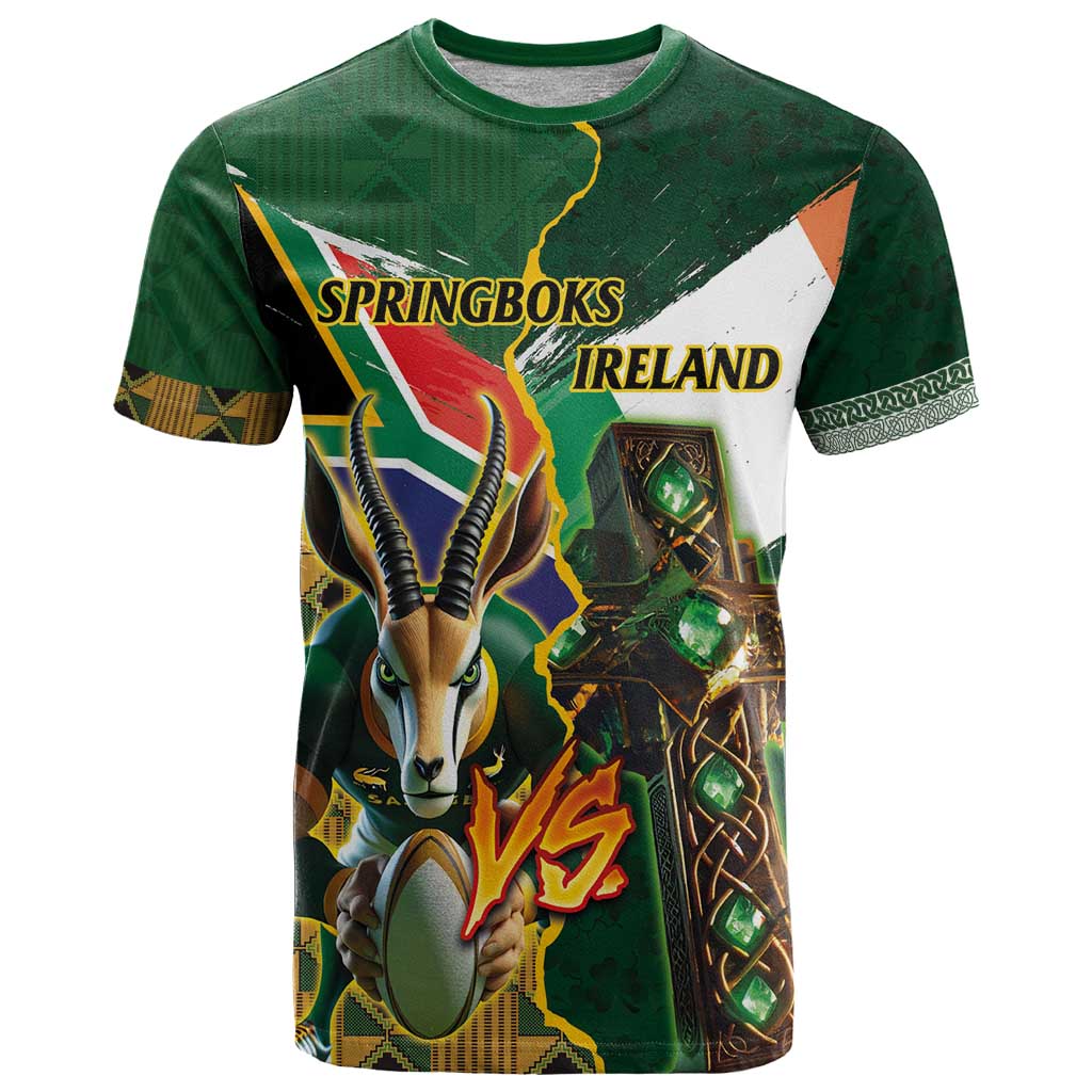 Personalized South Africa Versus Ireland Rugby T-Shirt The Springbok Mascot and Celtic Cross Together Graphic Tee