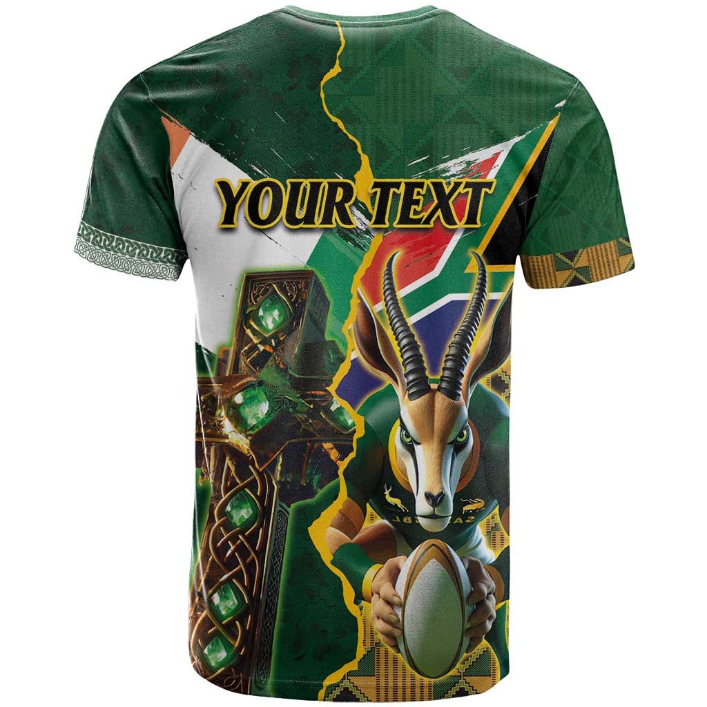 Personalized South Africa Versus Ireland Rugby T-Shirt The Springbok Mascot and Celtic Cross Together Graphic Tee