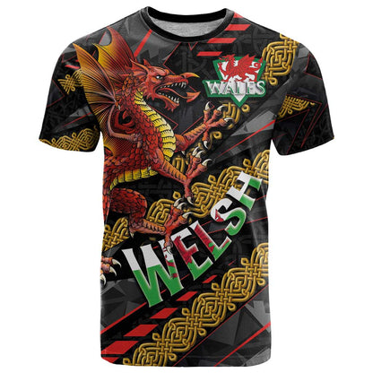 Welsh Celtic T-Shirt Wales Y Ddraig Goch with Celtic Knot Sporty Graphic Tee