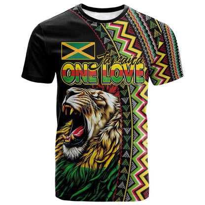Personalized Jamaican Reggae-One Love T-Shirt Tribal African Pattern and Roaring Lion Graphic Tee