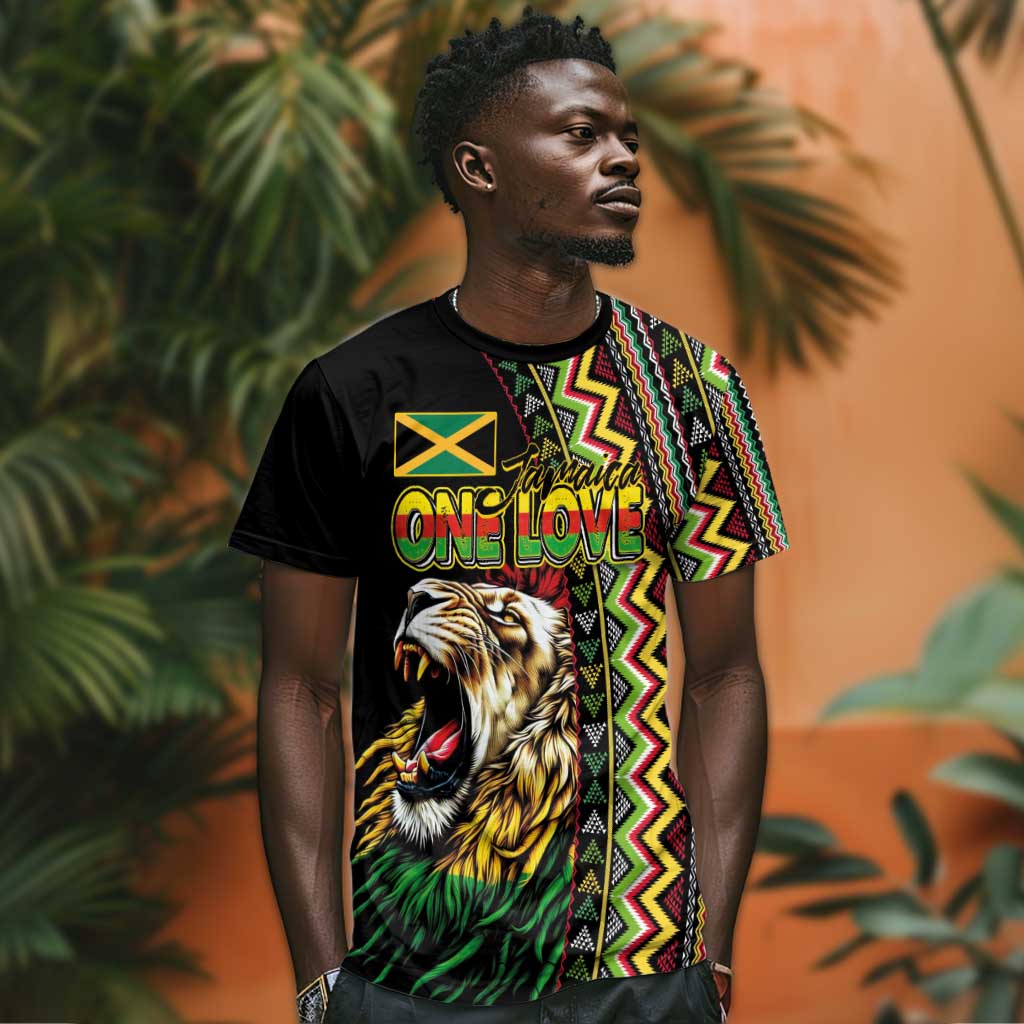 Personalized Jamaican Reggae-One Love T-Shirt Tribal African Pattern and Roaring Lion Graphic Tee