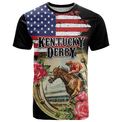Kentucky Horseshoe Racing Rose T-Shirt Grunge American Flag Vintage Style Graphic Tee