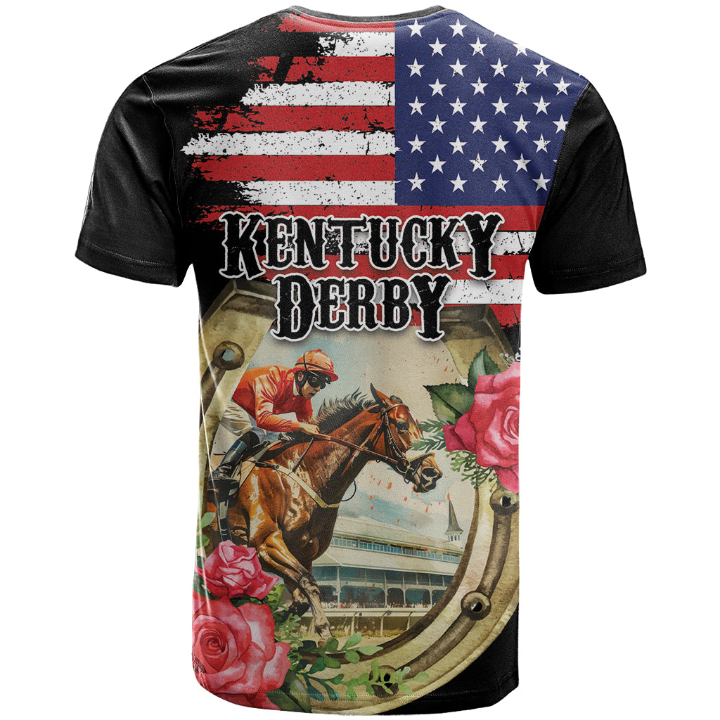 Kentucky Horseshoe Racing Rose T-Shirt Grunge American Flag Vintage Style Graphic Tee