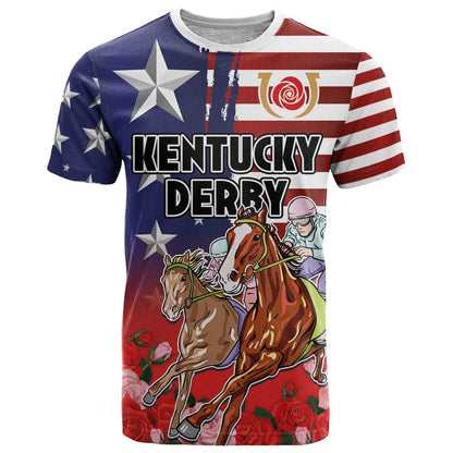 Kentucky Horses Racing T-Shirt Roses Road with US Flag Style Graphic Tee