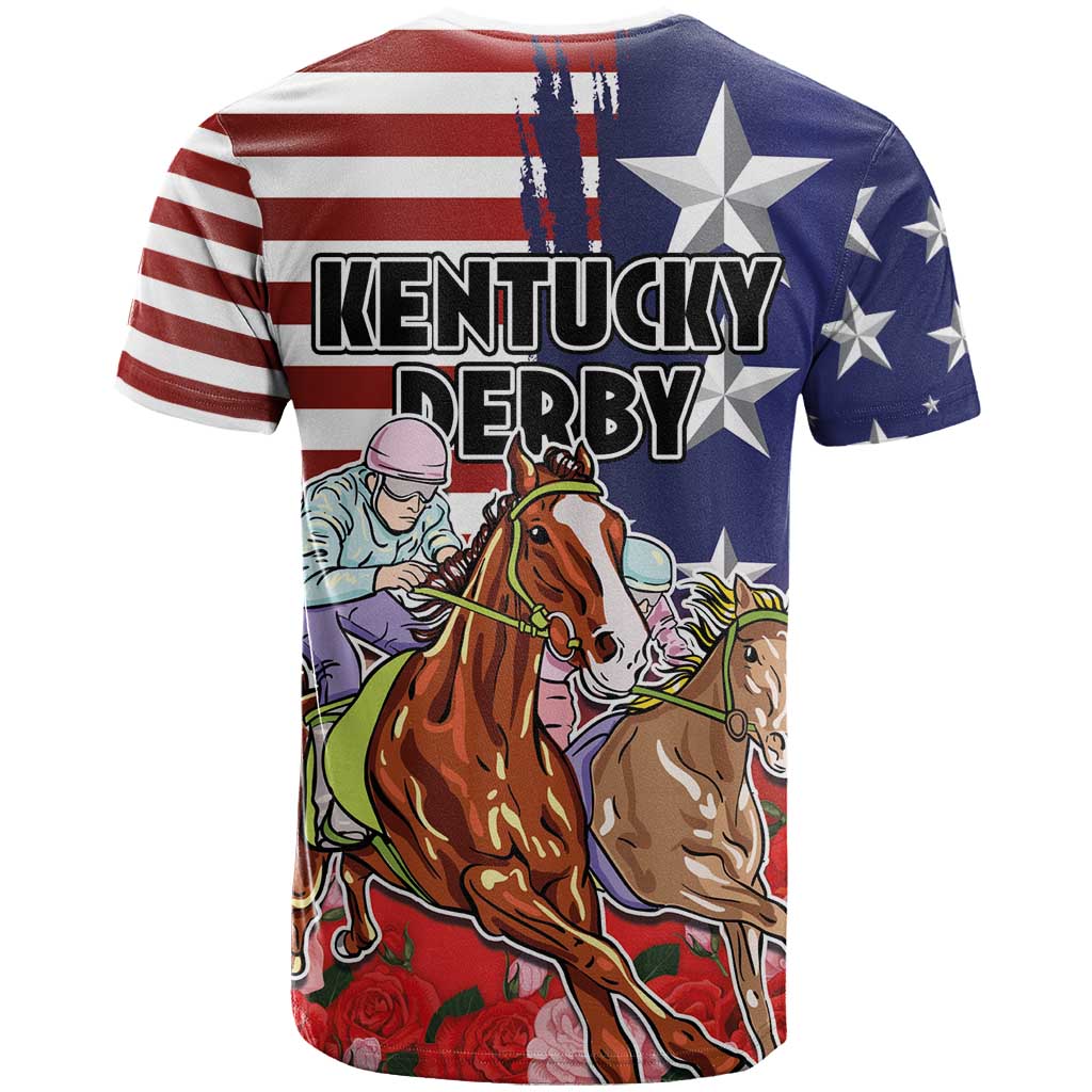 Kentucky Horses Racing T-Shirt Roses Road with US Flag Style Graphic Tee