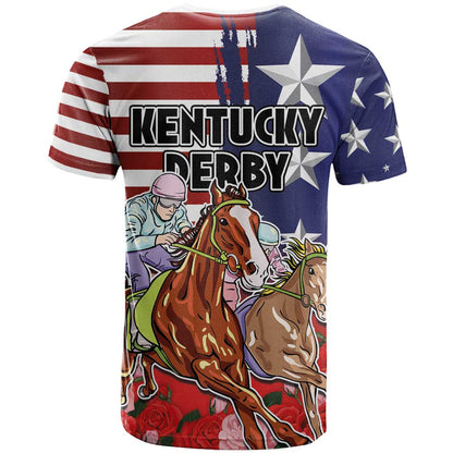 Kentucky Horses Racing T-Shirt Roses Road with US Flag Style Graphic Tee