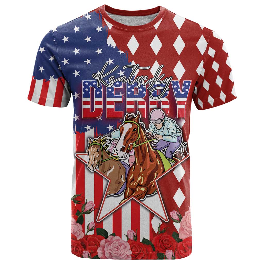 Kentucky Horses Racing T-Shirt US Flag Grunge and Diamond Pattern Red Color Graphic Tee