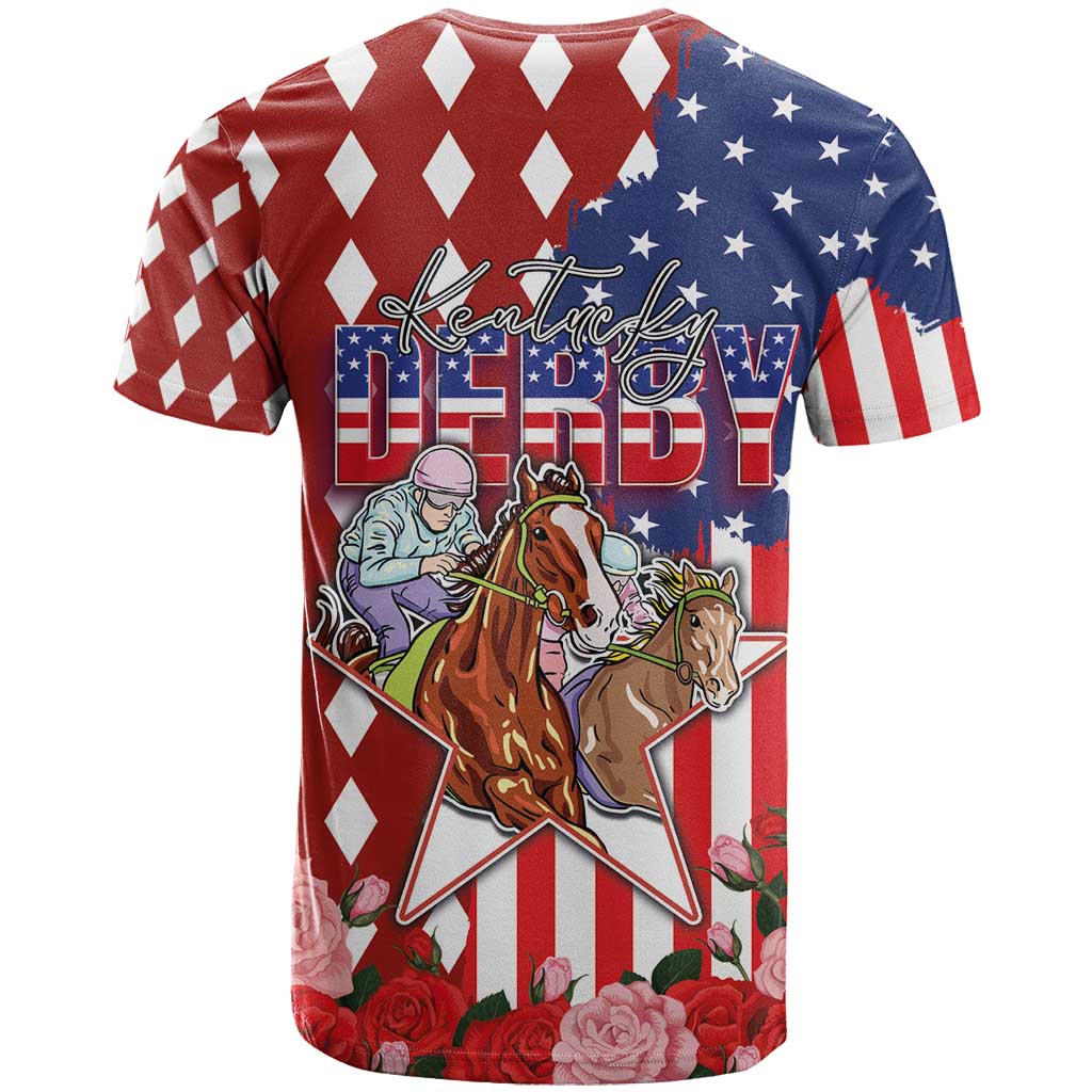 Kentucky Horses Racing T-Shirt US Flag Grunge and Diamond Pattern Red Color Graphic Tee