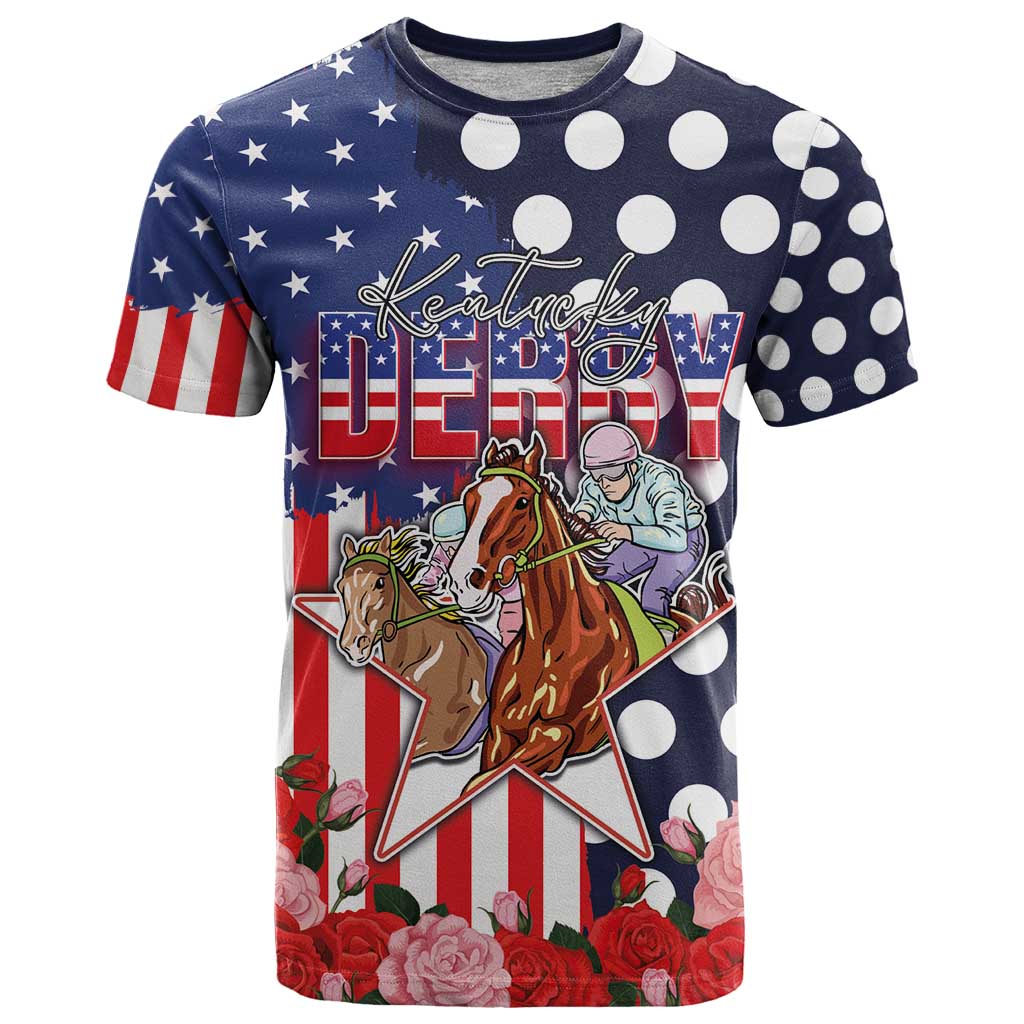 Kentucky Horses Racing T-Shirt US Flag Grunge and Dot Pattern Blue Color Graphic Tee