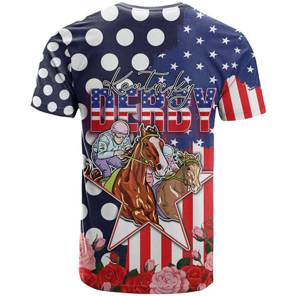 Kentucky Horses Racing T-Shirt US Flag Grunge and Dot Pattern Blue Color Graphic Tee