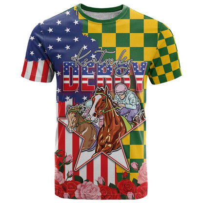 Kentucky Horses Racing T-Shirt US Flag Grunge and Check Pattern Green Color Graphic Tee