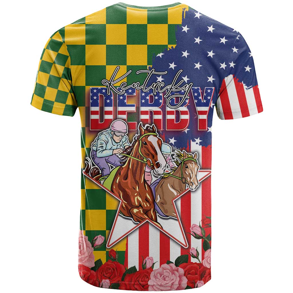 Kentucky Horses Racing T-Shirt US Flag Grunge and Check Pattern Green Color Graphic Tee