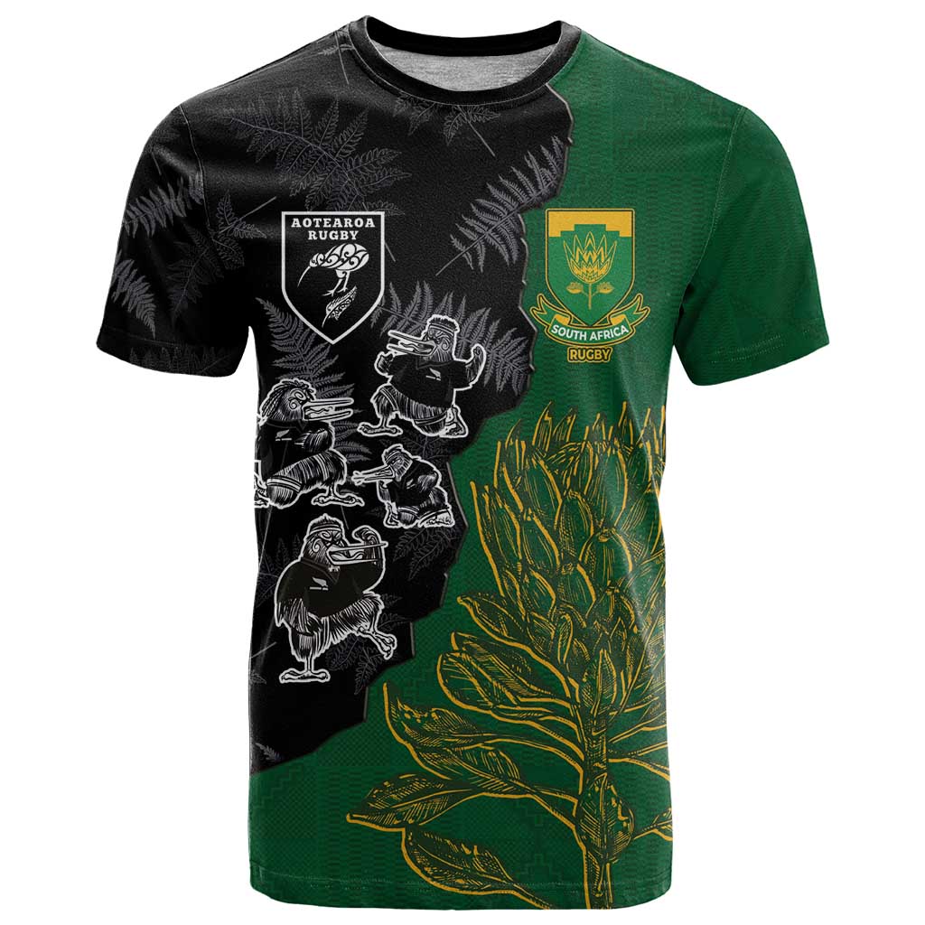 Custom Aotearoa South Africa Rugby Freedom Cup T-Shirt Kiwi Warriors Haka with King Protea Symbol Graphic Tee