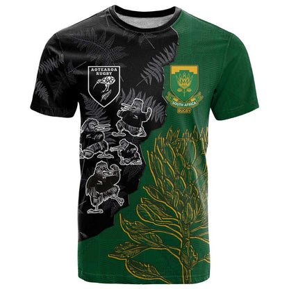 Custom Aotearoa South Africa Rugby Freedom Cup T-Shirt Kiwi Warriors Haka with King Protea Symbol Graphic Tee