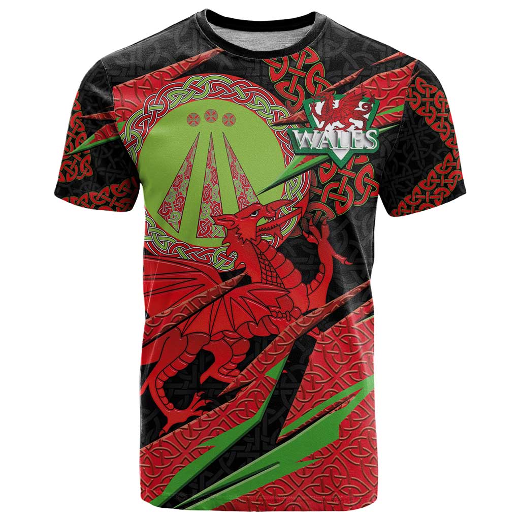 Welsh Celtic-Awen T-Shirt Wales Y Ddraig Goch with Celtic Knot Sporty Graphic Tee