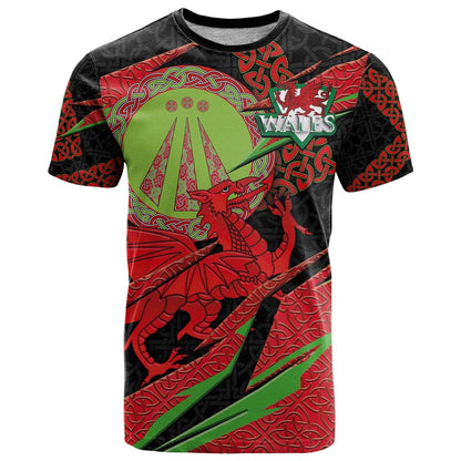 Welsh Celtic-Awen T-Shirt Wales Y Ddraig Goch with Celtic Knot Sporty Graphic Tee