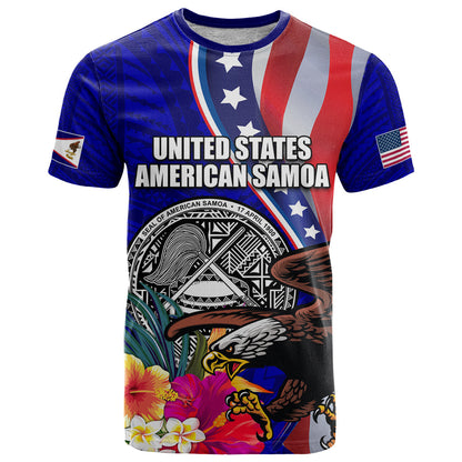 Personalised American Samoa and United States T-Shirt Bald Eagle and Seal Hibiscus Polynesian Pattern Graphic Tee