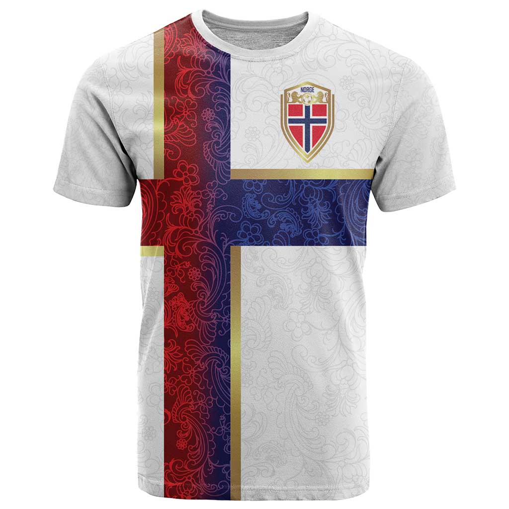 Custom Norway Football T-Shirt Norwegian Flag Style with Rosemaling Pattern Graphic Tee