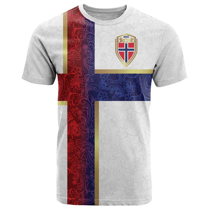 Custom Norway Football T-Shirt Norwegian Flag Style with Rosemaling Pattern Graphic Tee