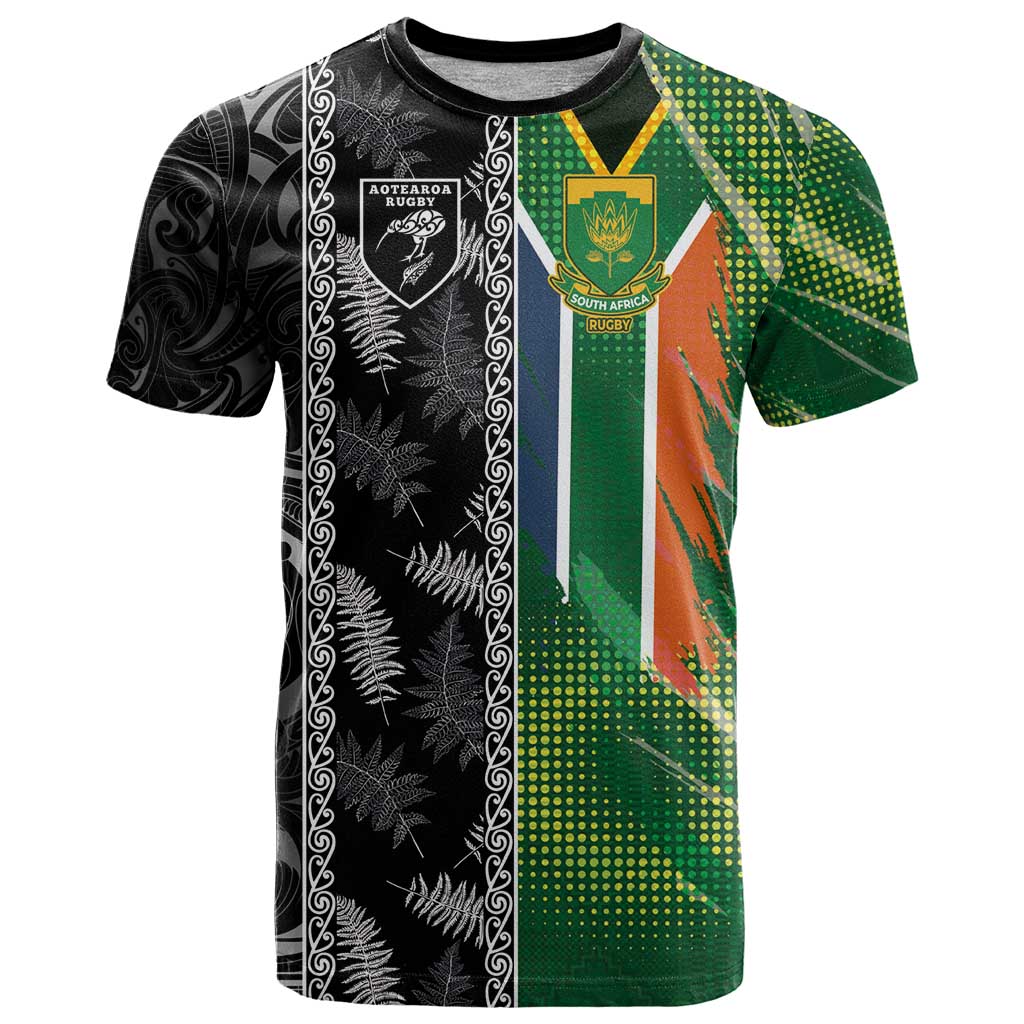 Custom Aotearoa South Africa Rugby Freedom Cup T-Shirt Maori Silver Fern Art and Sporty Flag SA Graphic Tee