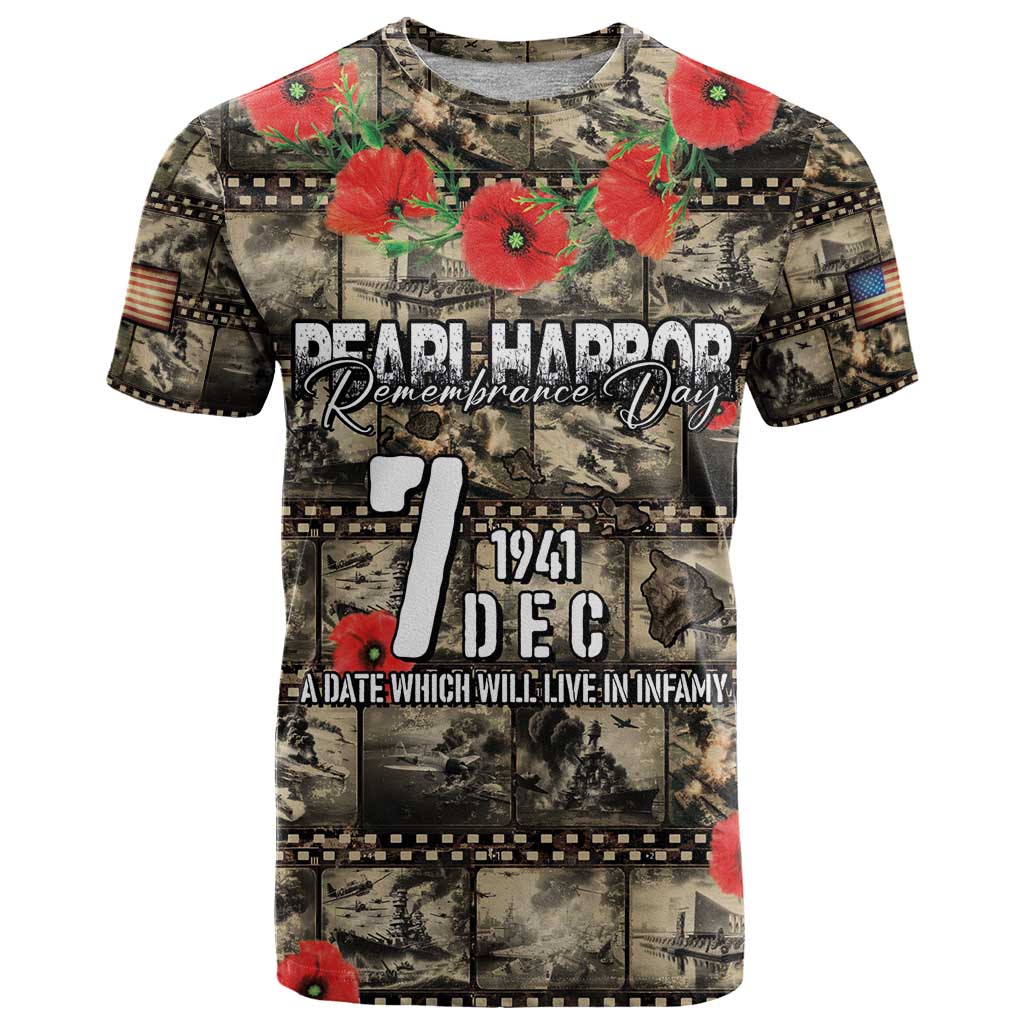 Pearl Harbor Remembrance Day Personalized T-Shirt Memories of December 7 with Red Poppy Lei Graphic Tee