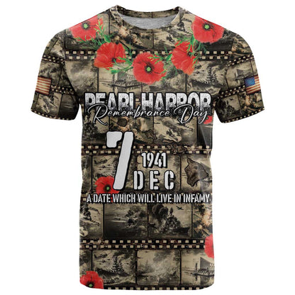 Pearl Harbor Remembrance Day Personalized T-Shirt Memories of December 7 with Red Poppy Lei Graphic Tee