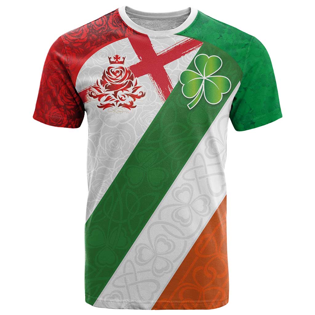 Custom Ireland and England T-Shirt Celtic Shanrocks and Roses with Red Cross Graphic Tee
