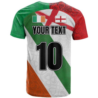 Custom Ireland and England T-Shirt Celtic Shanrocks and Roses with Red Cross Graphic Tee